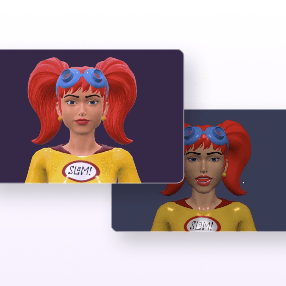 Two close-up renders of the 3D Slam Girl avatar with red pigtails, goggles and her SLAM! emblem