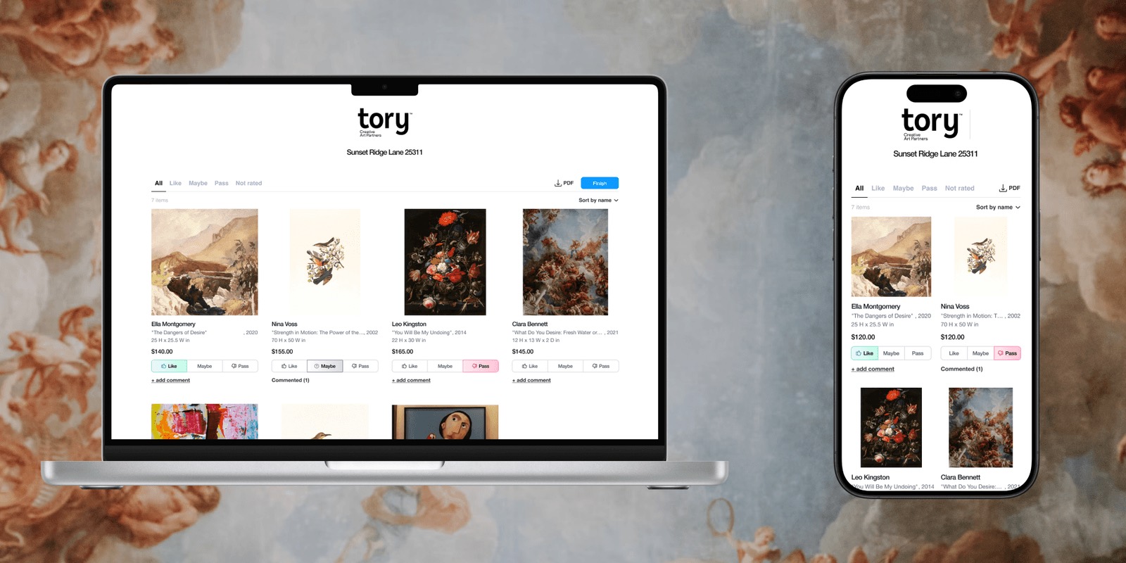 Tory on laptop and phone showing artwork records