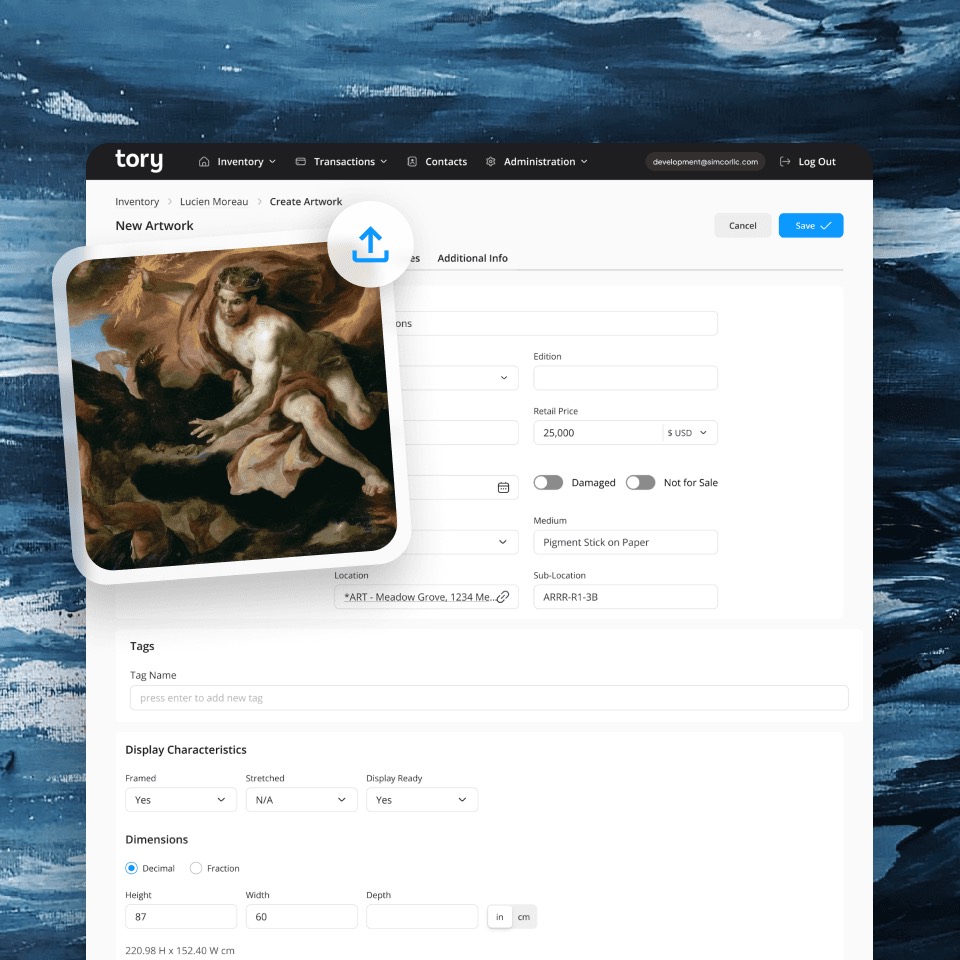Create Artwork form with image upload, dimensions, display characteristics and tag fields
