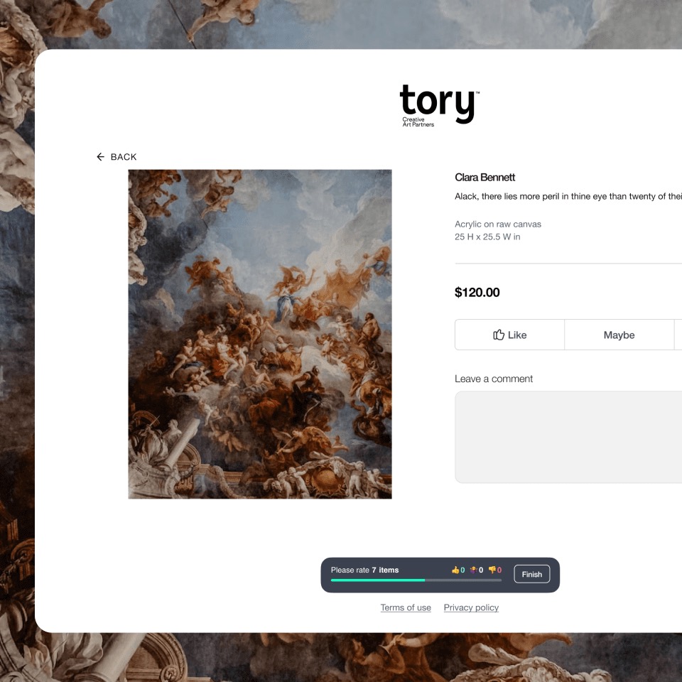 Tory private viewing room showing a single artwork with Like and Maybe options