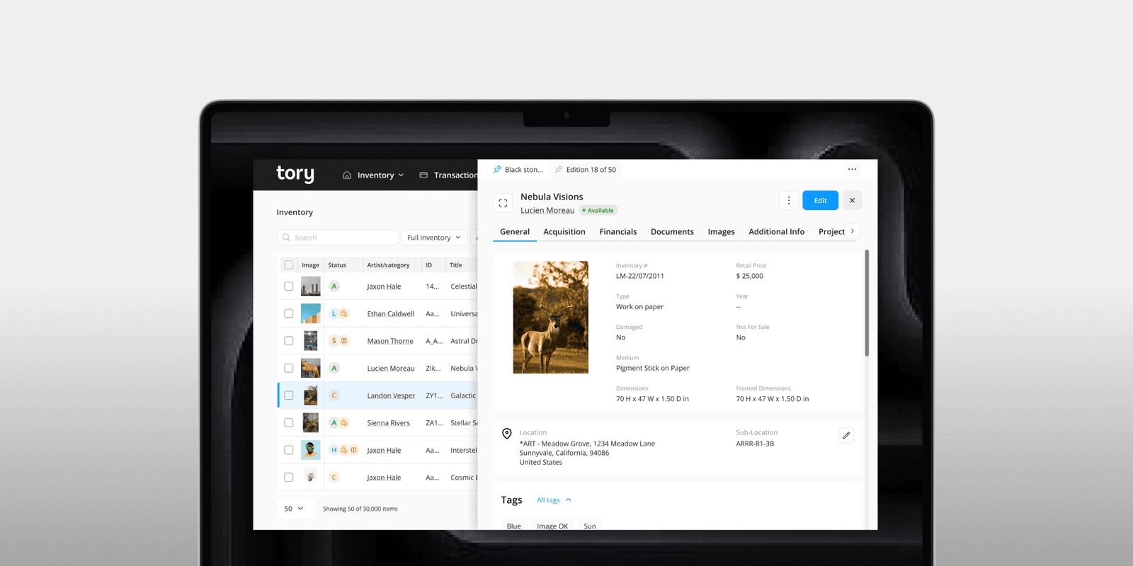 Tory inventory list on a laptop with an artwork record panel open, showing details and tags